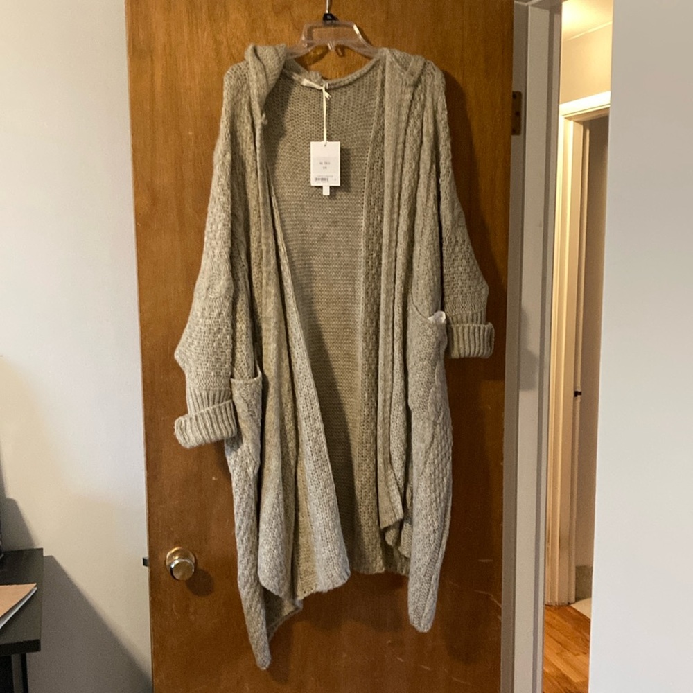 Cream Gray Long Open-Front Cardigan Sweater